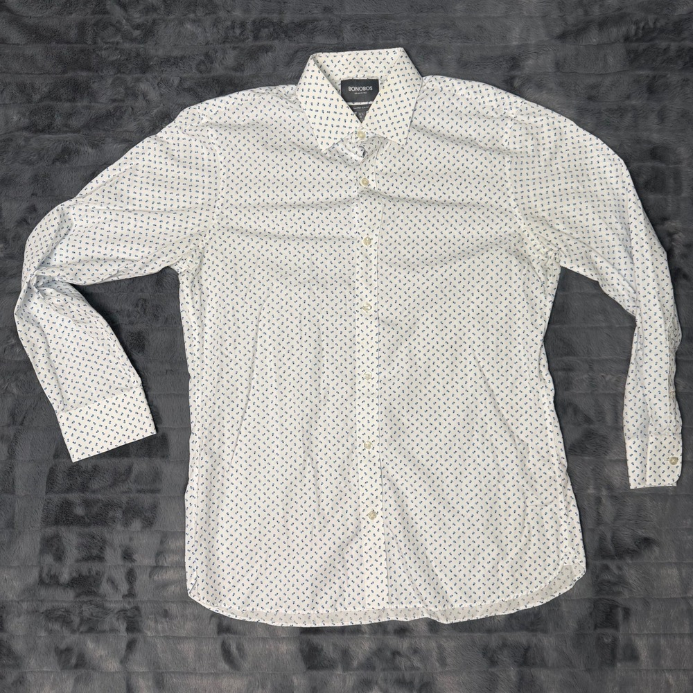 Bonobos Dress Shirt Mens 16.5 34 White Blue Floral Tailored Slim Fit WrinkleFree